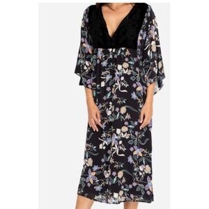 Johnny Was Jade Black Silk Floral‎ Velvet Yoke Lined Midi Dress Boho Moody Med